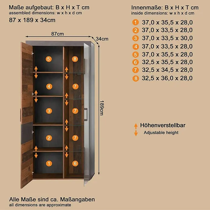 Trendteam Vitrine Indy - B x T x H: 87 x 34 x 189 cm, Braun - Zweifarbiger Holzschrank mit offenen und geschlossenen Fächern, verstellbaren Regalböden und Glaseinsätzen auf der rechten Seite.