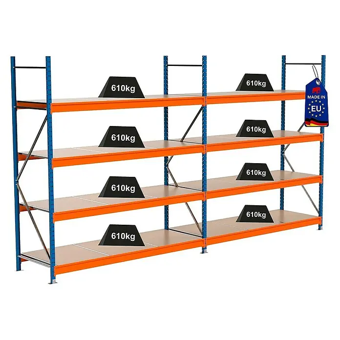 Proregal Schwerlastregal Industrie Weitspannregal MAXIMUS Pro - H x B x T: 250 x 460 x 80 cm, Traglast pro Boden: 610 kg, Anzahl Böden: 4 Stk., Stecken, Blau/Orange