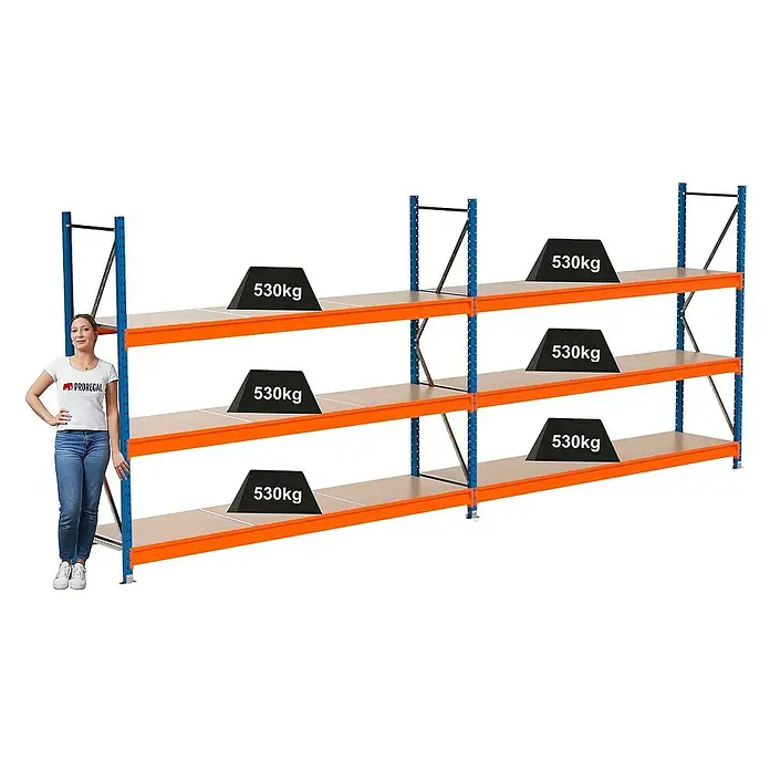 Proregal Schwerlastregal Industrie Weitspannregal MAXIMUS Pro - H x B x T: 200 x 510 x 60 cm, Traglast pro Boden: 530 kg, Anzahl Böden: 3 Stk., Stecken, Blau/Orange