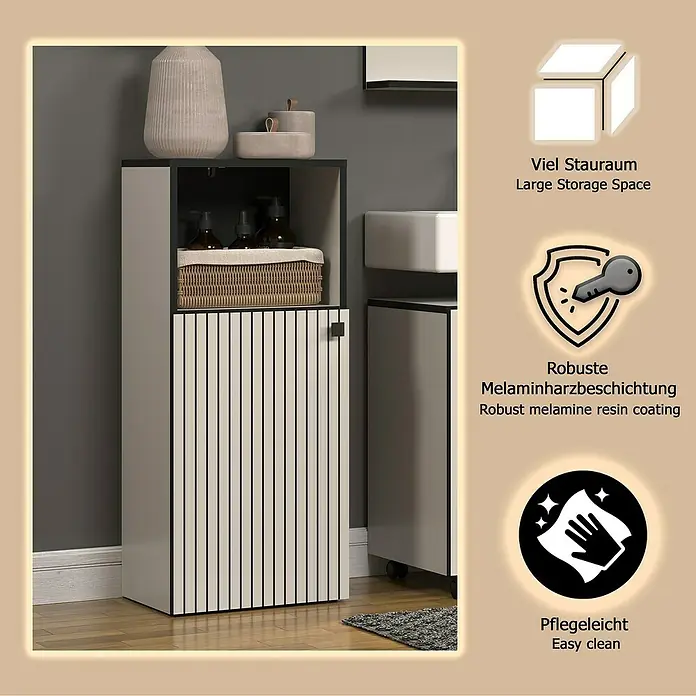 Trendteam Niklas Midischrank - B x T x H: 40 x 31 x 95 cm, Kashmir, Strukturiert - Hoher, schmaler, hellbeiger Badschrank mit offenem Regal, geschlossener Tür mit vertikalem Streifenmuster und dunklen Akzenten auf Holzboden.
