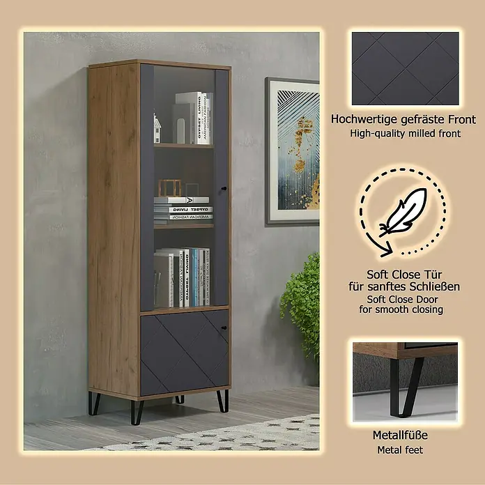 Trendteam Vitrine Montez - B x T x H: 63 x 40 x 172 cm, Grau - Hoher Vitrinenschrank mit Eicheneffekt-Rahmen, dunkelgrauen gefrästen Fronten, Glastüren und schwarzen Metallfüßen.