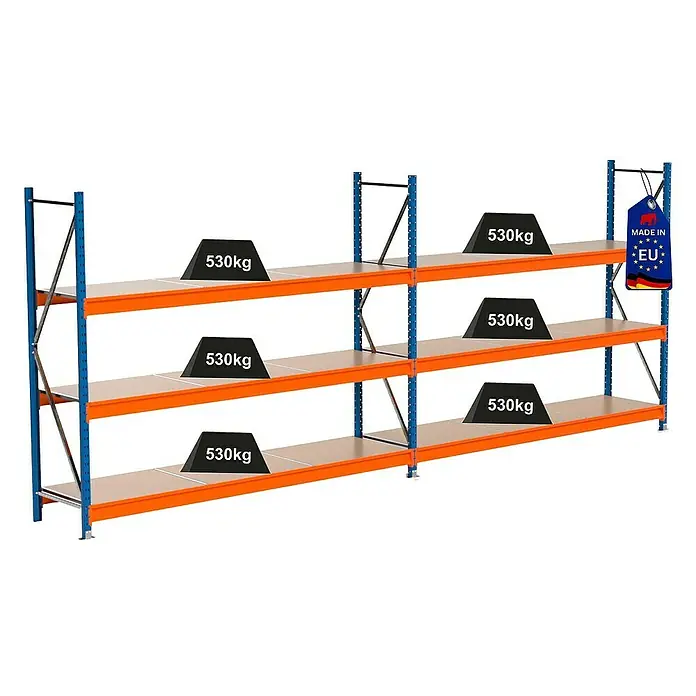 Proregal Schwerlastregal Industrie Weitspannregal MAXIMUS Pro - H x B x T: 200 x 510 x 60 cm, Traglast pro Boden: 530 kg, Anzahl Böden: 3 Stk., Stecken, Blau/Orange