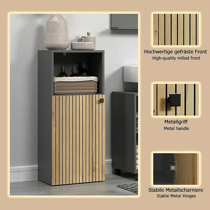 Trendteam Niklas Midischrank - B x T x H: 40 x 31 x 95 cm, Evoke Eiche/Anthrazit, Strukturiert - Hoher, dunkelgrauer Schrank mit heller Holzlamellentür und offenem oberen Fach.