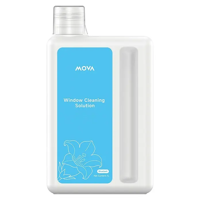 Mova Robot limpiacristales N1 - Capacidad del depósito de agua del robot: 120 ml, Potencia de aspiración: 8.000 Pa - Botella de plástico blanca de limpiacristales MOVA con etiqueta azul claro y contorno de campanilla. Contenido neto: 1L.
