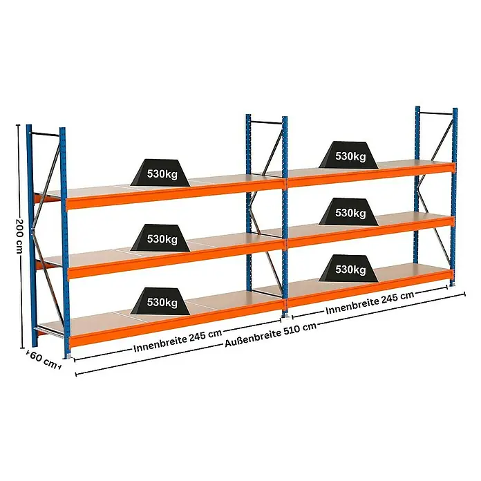 Proregal Schwerlastregal Industrie Weitspannregal MAXIMUS Pro - H x B x T: 200 x 510 x 60 cm, Traglast pro Boden: 530 kg, Anzahl Böden: 3 Stk., Stecken, Blau/Orange