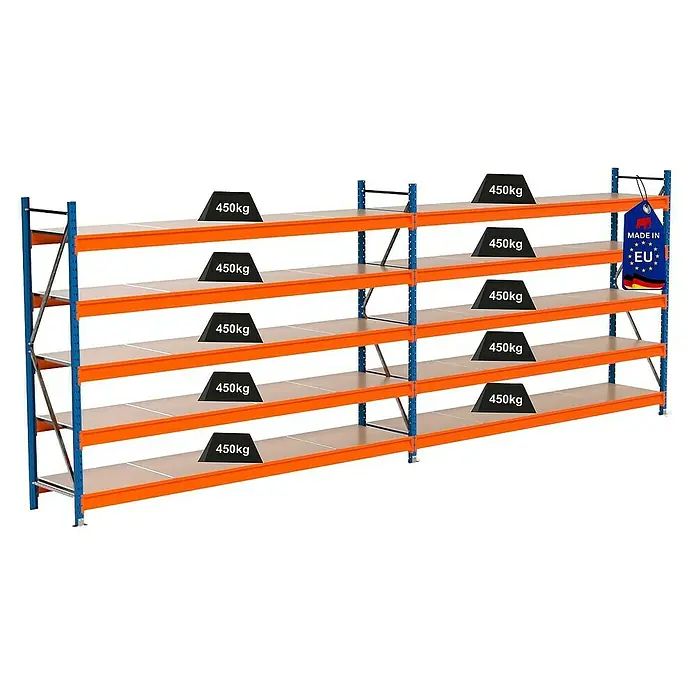 Proregal Schwerlastregal Industrie Weitspannregal MAXIMUS Pro - H x B x T: 200 x 560 x 60 cm, Traglast pro Boden: 450 kg, Anzahl Böden: 5 Stk., Stecken, Blau/Orange