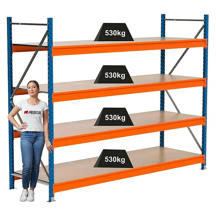Proregal Schwerlastregal Industrie Weitspannregal MAXIMUS Pro - H x B x T: 200 x 260 x 80 cm, Traglast pro Boden: 530 kg, Anzahl Böden: 4 Stk., Stecken, Blau/Orange