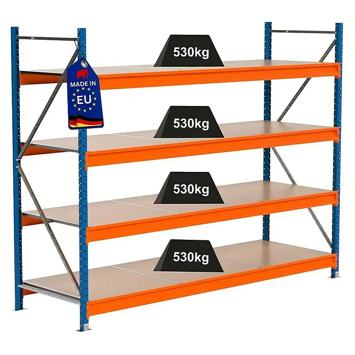 Proregal Schwerlastregal Industrie Weitspannregal MAXIMUS Pro - H x B x T: 200 x 260 x 80 cm, Traglast pro Boden: 530 kg, Anzahl Böden: 4 Stk., Stecken, Blau/Orange