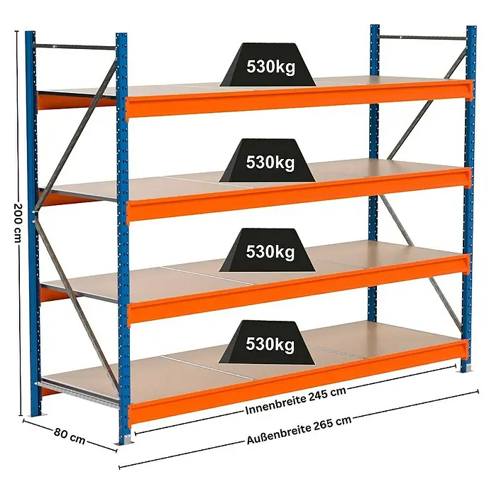 Proregal Schwerlastregal Industrie Weitspannregal MAXIMUS Pro - H x B x T: 200 x 260 x 80 cm, Traglast pro Boden: 530 kg, Anzahl Böden: 4 Stk., Stecken, Blau/Orange