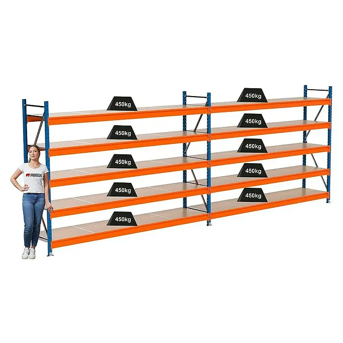 Proregal Schwerlastregal Industrie Weitspannregal MAXIMUS Pro - H x B x T: 200 x 560 x 60 cm, Traglast pro Boden: 450 kg, Anzahl Böden: 5 Stk., Stecken, Blau/Orange
