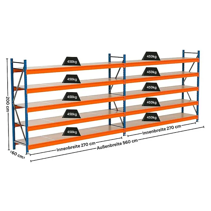 Proregal Schwerlastregal Industrie Weitspannregal MAXIMUS Pro - H x B x T: 200 x 560 x 60 cm, Traglast pro Boden: 450 kg, Anzahl Böden: 5 Stk., Stecken, Blau/Orange