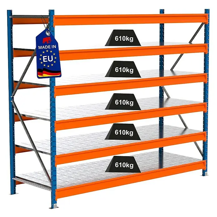 Proregal Schwerlastregal Industrie Weitspannregal MAXIMUS Pro - H x B x T: 200 x 235 x 80 cm, Traglast pro Boden: 610 kg, Anzahl Böden: 6 Stk., Stecken, Blau/Orange
