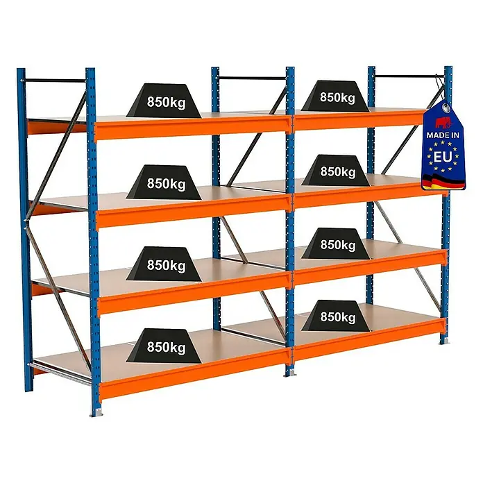 Proregal Schwerlastregal Industrie Weitspannregal MAXIMUS Pro - H x B x T: 200 x 310 x 80 cm, Traglast pro Boden: 850 kg, Anzahl Böden: 4 Stk., Stecken, Blau/Orange