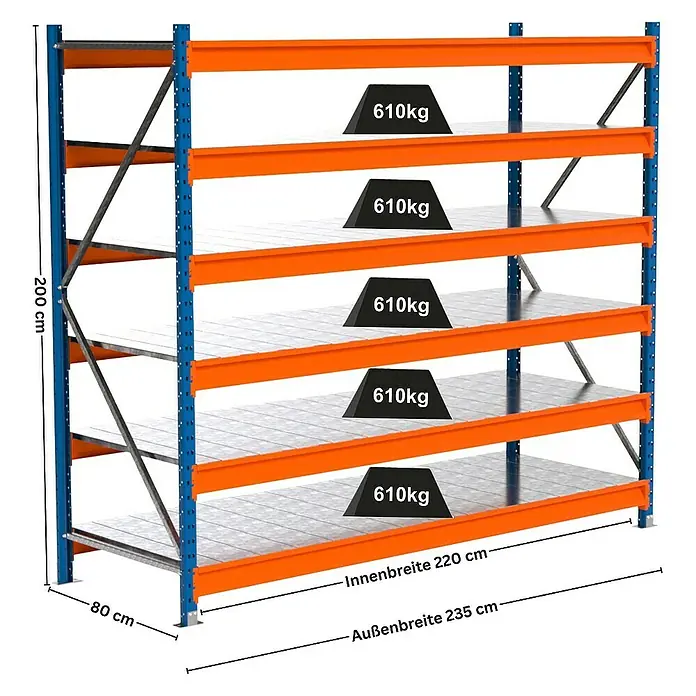 Proregal Schwerlastregal Industrie Weitspannregal MAXIMUS Pro - H x B x T: 200 x 235 x 80 cm, Traglast pro Boden: 610 kg, Anzahl Böden: 6 Stk., Stecken, Blau/Orange