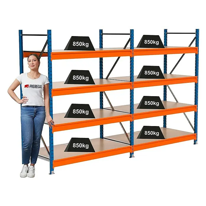 Proregal Schwerlastregal Industrie Weitspannregal MAXIMUS Pro - H x B x T: 200 x 310 x 80 cm, Traglast pro Boden: 850 kg, Anzahl Böden: 4 Stk., Stecken, Blau/Orange