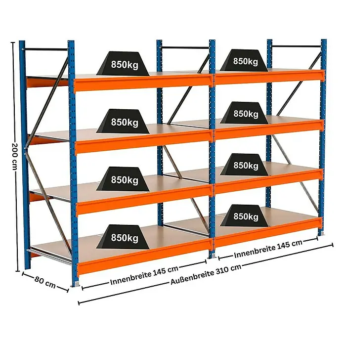 Proregal Schwerlastregal Industrie Weitspannregal MAXIMUS Pro - H x B x T: 200 x 310 x 80 cm, Traglast pro Boden: 850 kg, Anzahl Böden: 4 Stk., Stecken, Blau/Orange