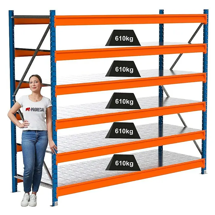 Proregal Schwerlastregal Industrie Weitspannregal MAXIMUS Pro - H x B x T: 200 x 235 x 80 cm, Traglast pro Boden: 610 kg, Anzahl Böden: 6 Stk., Stecken, Blau/Orange