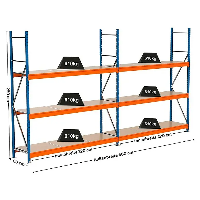 Proregal Schwerlastregal Industrie Weitspannregal MAXIMUS Pro - H x B x T: 250 x 460 x 60 cm, Traglast pro Boden: 610 kg, Anzahl Böden: 3 Stk., Stecken, Blau/Orange