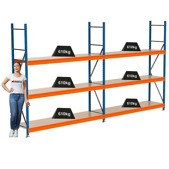 Proregal Schwerlastregal Industrie Weitspannregal MAXIMUS Pro - H x B x T: 250 x 460 x 60 cm, Traglast pro Boden: 610 kg, Anzahl Böden: 3 Stk., Stecken, Blau/Orange