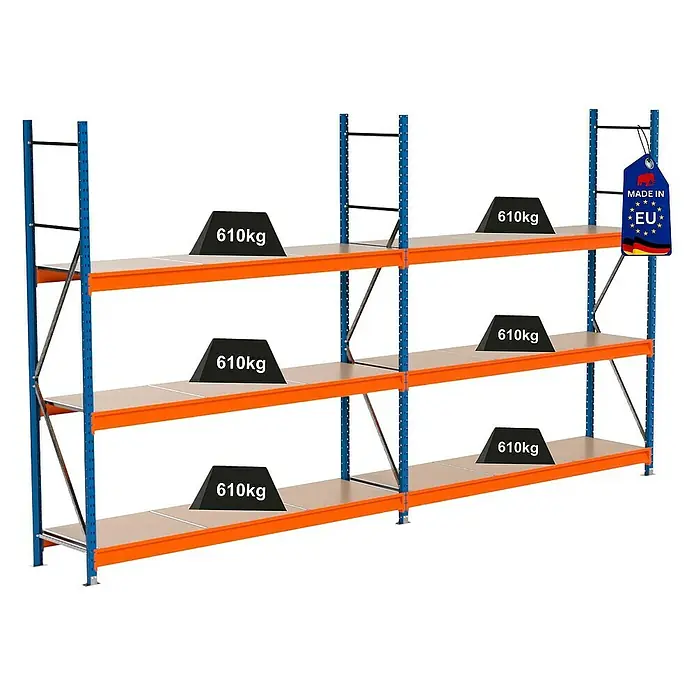Proregal Schwerlastregal Industrie Weitspannregal MAXIMUS Pro - H x B x T: 250 x 460 x 60 cm, Traglast pro Boden: 610 kg, Anzahl Böden: 3 Stk., Stecken, Blau/Orange