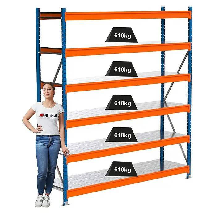 Proregal Schwerlastregal Industrie Weitspannregal MAXIMUS Pro - H x B x T: 250 x 235 x 60 cm, Traglast pro Boden: 610 kg, Anzahl Böden: 6 Stk., Stecken, Blau/Orange