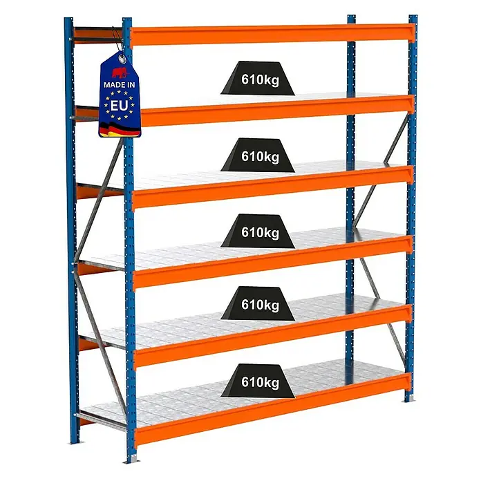 Proregal Schwerlastregal Industrie Weitspannregal MAXIMUS Pro - H x B x T: 250 x 235 x 60 cm, Traglast pro Boden: 610 kg, Anzahl Böden: 6 Stk., Stecken, Blau/Orange