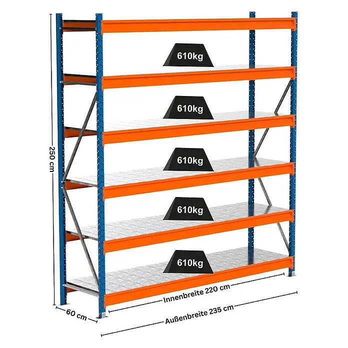 Proregal Schwerlastregal Industrie Weitspannregal MAXIMUS Pro - H x B x T: 250 x 235 x 60 cm, Traglast pro Boden: 610 kg, Anzahl Böden: 6 Stk., Stecken, Blau/Orange