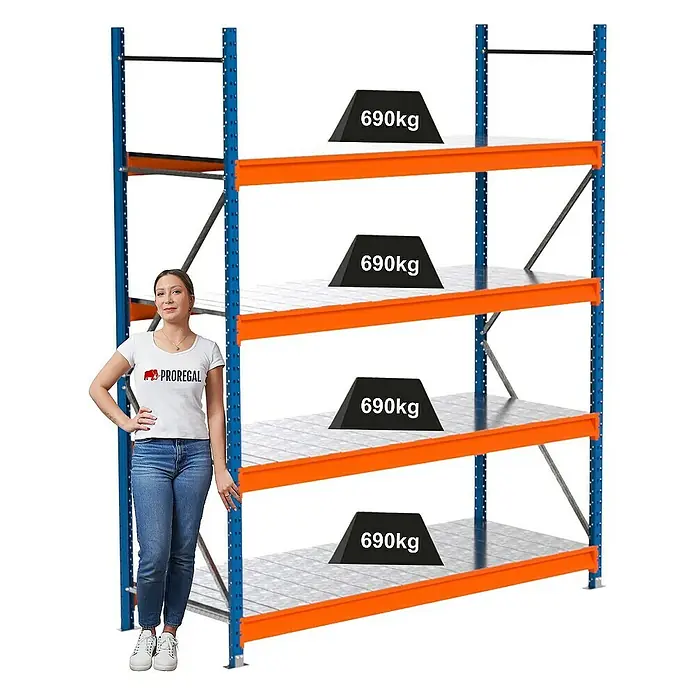 Proregal Schwerlastregal Industrie Weitspannregal MAXIMUS Pro - H x B x T: 250 x 210 x 80 cm, Traglast pro Boden: 690 kg, Anzahl Böden: 4 Stk., Stecken, Blau/Orange