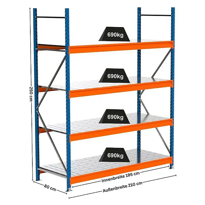 Proregal Schwerlastregal Industrie Weitspannregal MAXIMUS Pro - H x B x T: 250 x 210 x 80 cm, Traglast pro Boden: 690 kg, Anzahl Böden: 4 Stk., Stecken, Blau/Orange