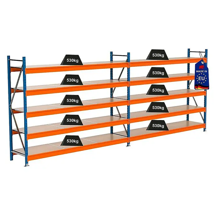 Proregal Schwerlastregal Industrie Weitspannregal MAXIMUS Pro - H x B x T: 200 x 510 x 60 cm, Traglast pro Boden: 530 kg, Anzahl Böden: 5 Stk., Stecken, Blau/Orange
