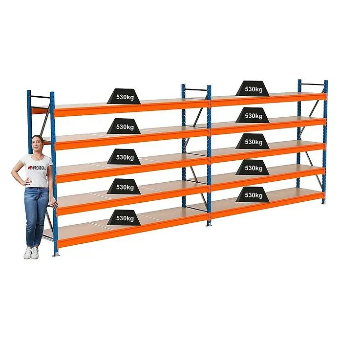 Proregal Schwerlastregal Industrie Weitspannregal MAXIMUS Pro - H x B x T: 200 x 510 x 60 cm, Traglast pro Boden: 530 kg, Anzahl Böden: 5 Stk., Stecken, Blau/Orange