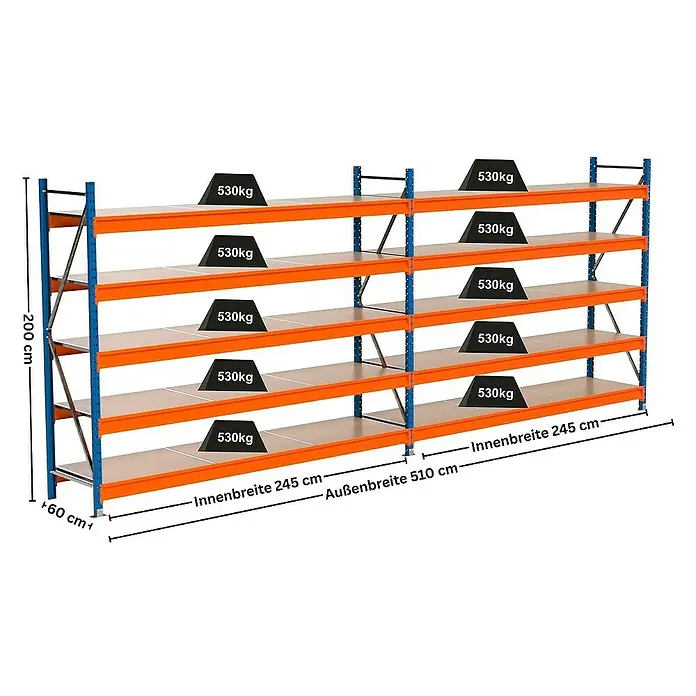 Proregal Schwerlastregal Industrie Weitspannregal MAXIMUS Pro - H x B x T: 200 x 510 x 60 cm, Traglast pro Boden: 530 kg, Anzahl Böden: 5 Stk., Stecken, Blau/Orange