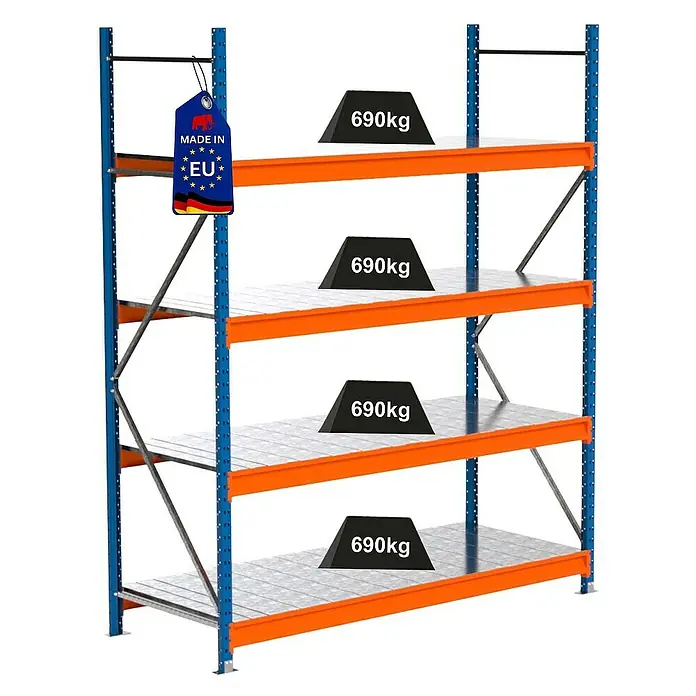 Proregal Schwerlastregal Industrie Weitspannregal MAXIMUS Pro - H x B x T: 250 x 210 x 80 cm, Traglast pro Boden: 690 kg, Anzahl Böden: 4 Stk., Stecken, Blau/Orange