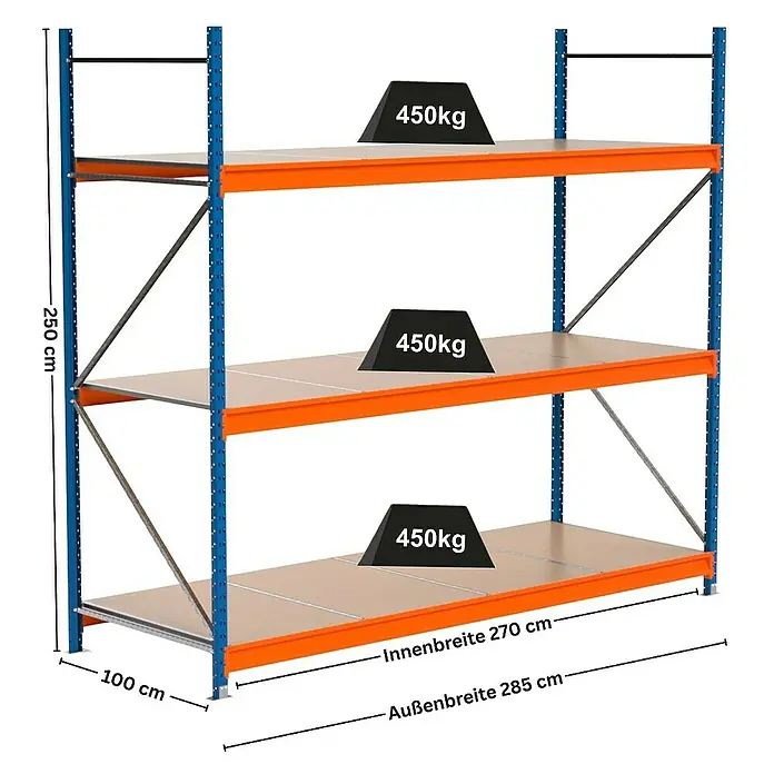 Proregal Schwerlastregal Industrie Weitspannregal MAXIMUS Pro - H x B x T: 250 x 285 x 100 cm, Traglast pro Boden: 450 kg, Anzahl Böden: 3 Stk., Stecken, Blau/Orange
