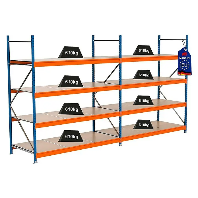 Proregal Schwerlastregal Industrie Weitspannregal MAXIMUS Pro - H x B x T: 250 x 460 x 100 cm, Traglast pro Boden: 610 kg, Anzahl Böden: 4 Stk., Stecken, Blau/Orange