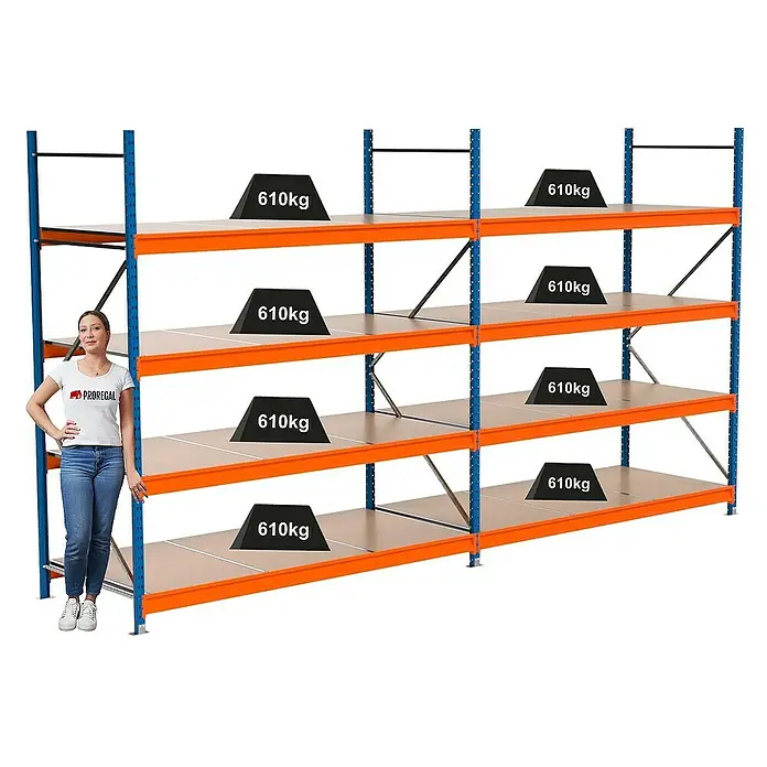 Proregal Schwerlastregal Industrie Weitspannregal MAXIMUS Pro - H x B x T: 250 x 460 x 100 cm, Traglast pro Boden: 610 kg, Anzahl Böden: 4 Stk., Stecken, Blau/Orange