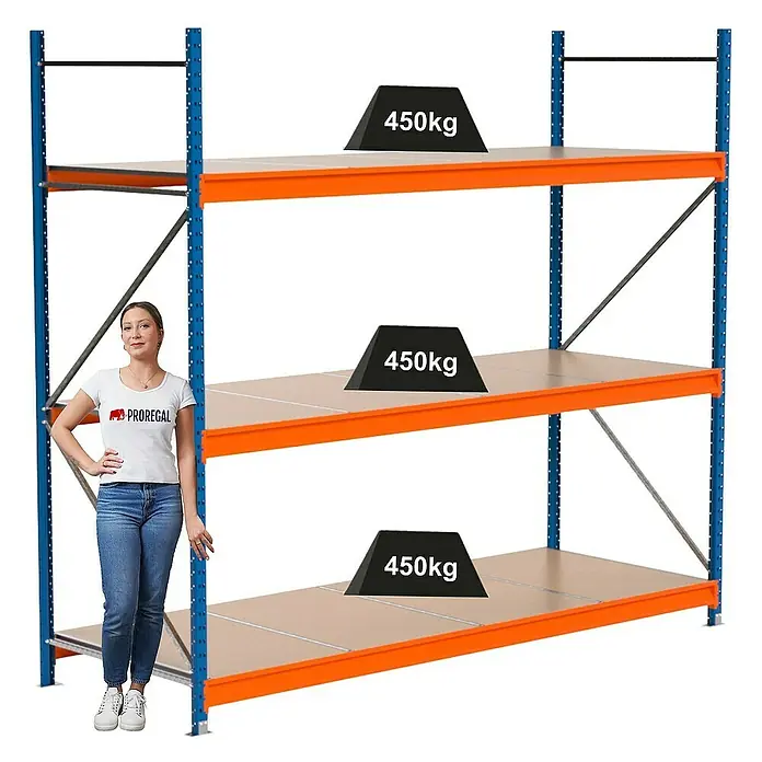 Proregal Schwerlastregal Industrie Weitspannregal MAXIMUS Pro - H x B x T: 250 x 285 x 100 cm, Traglast pro Boden: 450 kg, Anzahl Böden: 3 Stk., Stecken, Blau/Orange