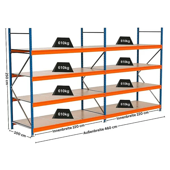 Proregal Schwerlastregal Industrie Weitspannregal MAXIMUS Pro - H x B x T: 250 x 460 x 100 cm, Traglast pro Boden: 610 kg, Anzahl Böden: 4 Stk., Stecken, Blau/Orange