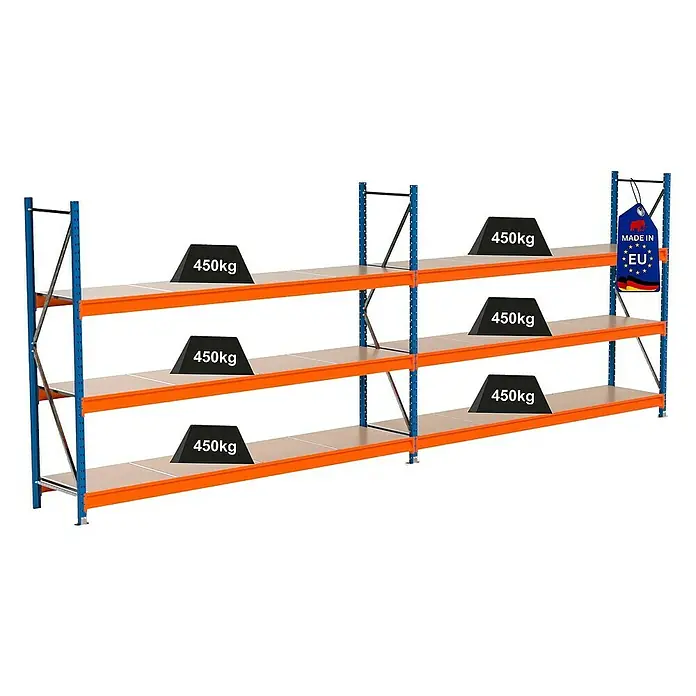 Proregal Schwerlastregal Industrie Weitspannregal MAXIMUS Pro - H x B x T: 200 x 560 x 60 cm, Traglast pro Boden: 450 kg, Anzahl Böden: 3 Stk., Stecken, Blau/Orange