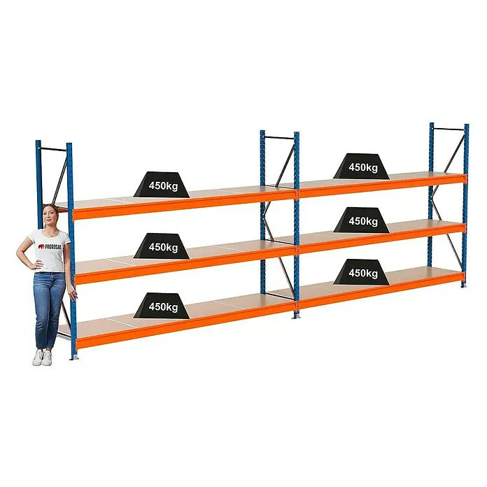Proregal Schwerlastregal Industrie Weitspannregal MAXIMUS Pro - H x B x T: 200 x 560 x 60 cm, Traglast pro Boden: 450 kg, Anzahl Böden: 3 Stk., Stecken, Blau/Orange
