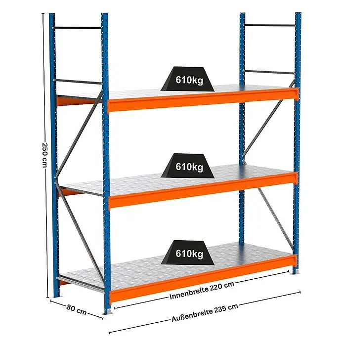 Proregal Schwerlastregal Industrie Weitspannregal MAXIMUS Pro - H x B x T: 250 x 235 x 80 cm, Traglast pro Boden: 610 kg, Anzahl Böden: 3 Stk., Stecken, Blau/Orange