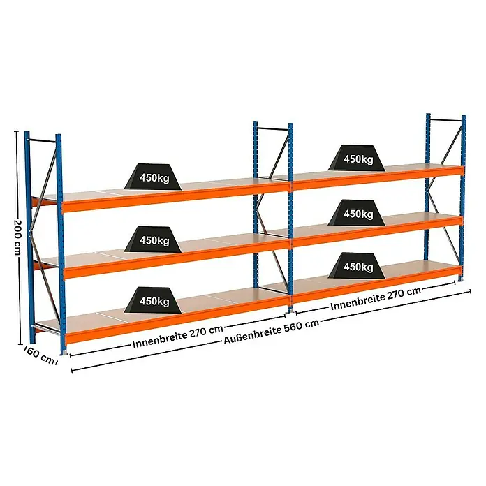 Proregal Schwerlastregal Industrie Weitspannregal MAXIMUS Pro - H x B x T: 200 x 560 x 60 cm, Traglast pro Boden: 450 kg, Anzahl Böden: 3 Stk., Stecken, Blau/Orange