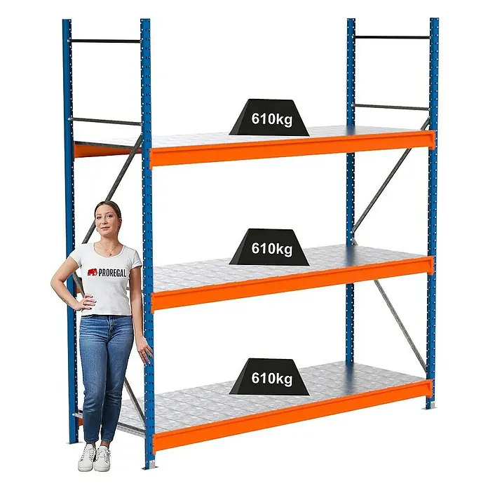 Proregal Schwerlastregal Industrie Weitspannregal MAXIMUS Pro - H x B x T: 250 x 235 x 80 cm, Traglast pro Boden: 610 kg, Anzahl Böden: 3 Stk., Stecken, Blau/Orange