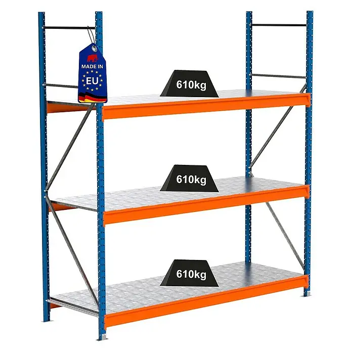 Proregal Schwerlastregal Industrie Weitspannregal MAXIMUS Pro - H x B x T: 250 x 235 x 80 cm, Traglast pro Boden: 610 kg, Anzahl Böden: 3 Stk., Stecken, Blau/Orange