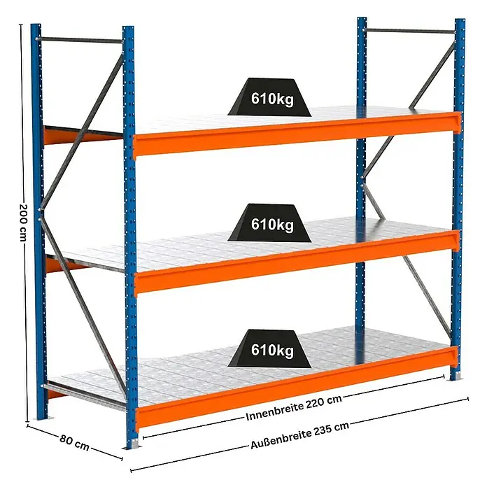 Proregal Schwerlastregal Industrie Weitspannregal MAXIMUS Pro - H x B x T: 200 x 235 x 80 cm, Traglast pro Boden: 610 kg, Anzahl Böden: 3 Stk., Stecken, Blau/Orange