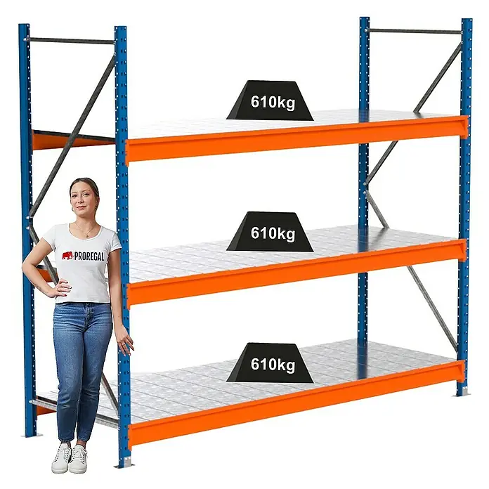 Proregal Schwerlastregal Industrie Weitspannregal MAXIMUS Pro - H x B x T: 200 x 235 x 80 cm, Traglast pro Boden: 610 kg, Anzahl Böden: 3 Stk., Stecken, Blau/Orange