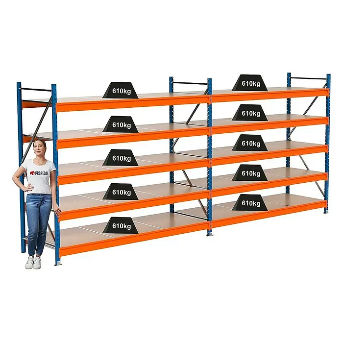 Proregal Schwerlastregal Industrie Weitspannregal MAXIMUS Pro - H x B x T: 200 x 460 x 80 cm, Traglast pro Boden: 610 kg, Anzahl Böden: 5 Stk., Stecken, Blau/Orange