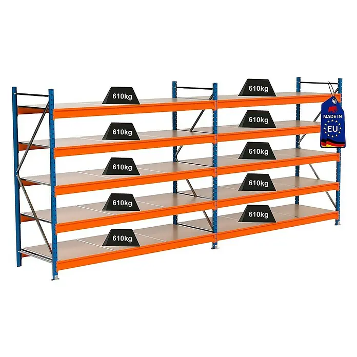 Proregal Schwerlastregal Industrie Weitspannregal MAXIMUS Pro - H x B x T: 200 x 460 x 80 cm, Traglast pro Boden: 610 kg, Anzahl Böden: 5 Stk., Stecken, Blau/Orange
