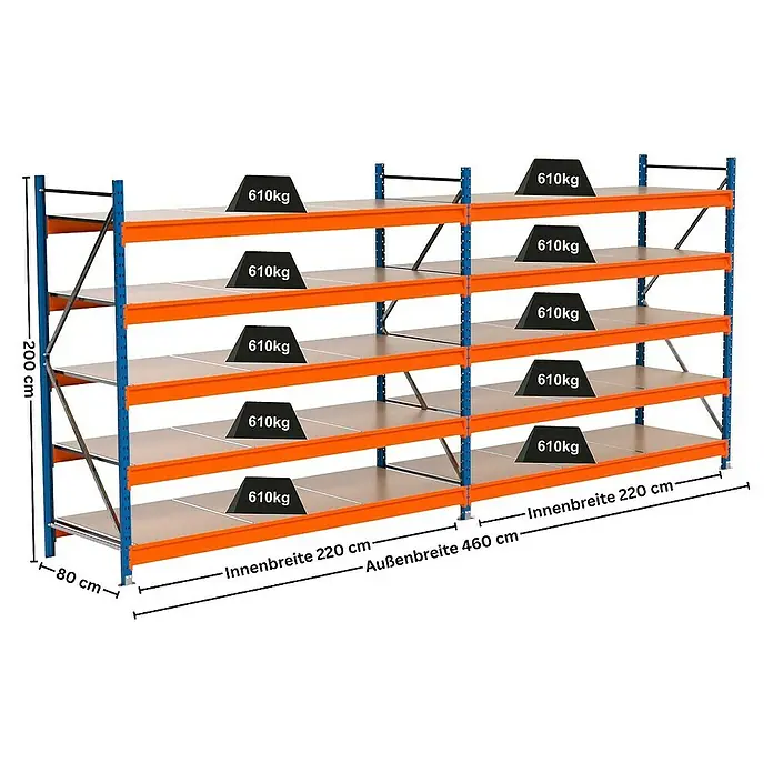 Proregal Schwerlastregal Industrie Weitspannregal MAXIMUS Pro - H x B x T: 200 x 460 x 80 cm, Traglast pro Boden: 610 kg, Anzahl Böden: 5 Stk., Stecken, Blau/Orange