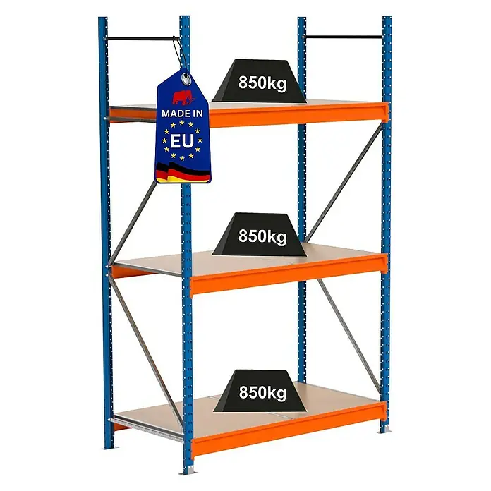 Proregal Schwerlastregal Industrie Weitspannregal MAXIMUS Pro - H x B x T: 250 x 160 x 80 cm, Traglast pro Boden: 850 kg, Anzahl Böden: 3 Stk., Stecken, Blau/Orange